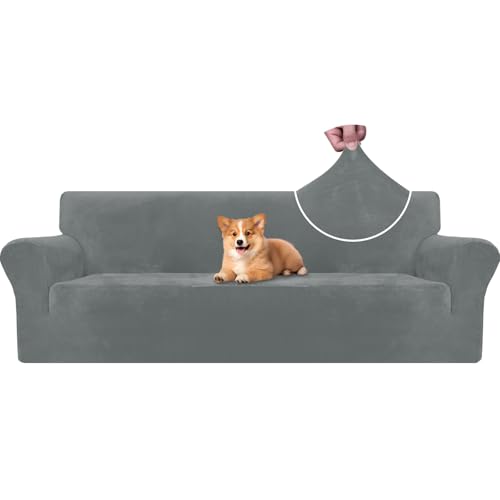 CYCMACO Samt Sofa Überzug 4 Sitzer, Sofabezug Elastische, Couch Überzug Haustier Katze Hunde, Universal Sofa Cover Moderne, Sofahusse Mit Armlehnen, Sofaschoner rutschfest, Hellgrau von CYCMACO