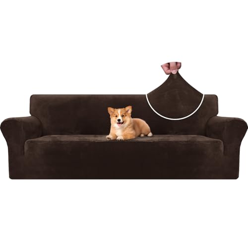 CYCMACO Samt Sofa Überzug 4 Sitzer, Sofabezug Elastische, Couch Überzug Haustier Katze Hunde, Universal Sofa Cover Moderne, Sofahusse Mit Armlehnen, Sofaschoner rutschfest, Kaffee von CYCMACO