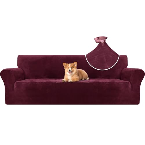 CYCMACO Samt Sofa Überzug 4 Sitzer, Sofabezug Elastische, Couch Überzug Haustier Katze Hunde, Universal Sofa Cover Moderne, Sofahusse Mit Armlehnen, Sofaschoner rutschfest, Weinrot von CYCMACO