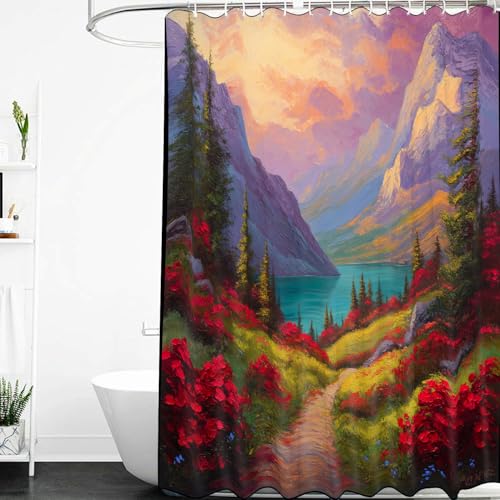 CYDXD Duschvorhang 150X180 mit Berglandschaft,Ölgemälde,Berge und Seen,Grüne Wälder und Rote Blumen,Badezimmervorhang,Wasserdicht,für Künstlerisches Badezimmer,B150Xh180cm(1er-Pack) von CYDXD