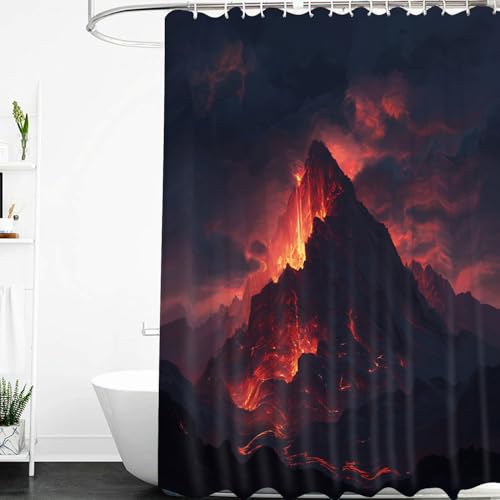 CYDXD Feuriger Vulkan-Duschvorhang 180X200,Vulkanausbruch,Rote Lava Unter Dem Nachthimmel,Badewannenvorhang mit Kunststoffhaken,Wasserdicht für Moderne Badezimmer-Dekoration,B180Xh200cm(1er-Pack) von CYDXD