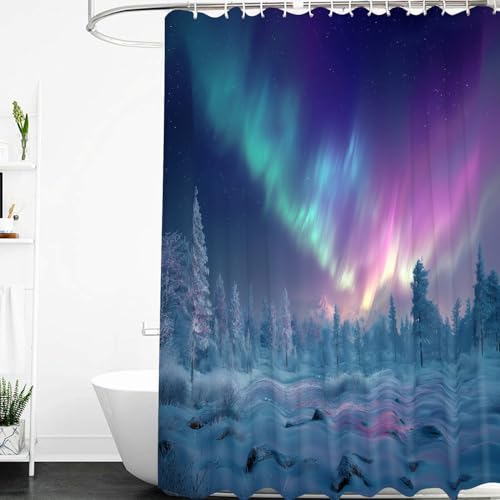 Winter-Duschvorhang 120X200 mit Aurora Borealis,Winterlandschaft mit Lila-Blauem Polarlicht Unter Sternenhimmel,mit Kunststoffhaken,Waschbarer Weicher Polyesterstoff für Teenager-Badezimmer,B120Xh20 Winter-Duschvorhang 120X200 mit Aurora Borealis,Winterlandschaft mit Lila-Blauem Polarlicht Unter Sternenhimmel,mit Kunststoffhaken,Waschbarer Weicher Polyesterstoff für Teenager-Badezimmer,B120Xh20 von CYDXD