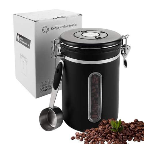 CYEER 1,8L Kaffeedose Luftdicht, Schwarz Kaffeebohnen Behälter, Kaffeedose mit Löffel, Kaffeebehälter mit Datums-Tracker für Kaffeebohnen Kaffeepulver Tee Kakao von CYEER