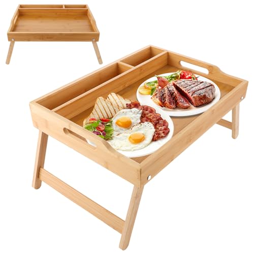 CYEER 2 Stück Bambus Bett Tabletttisch 41,5 x 30 x 20,5 cm Betttablett Klappbar, Bett Tisch für Frühstück, Tablett für Bett, Tablett Bett für Frühstück im Bett von CYEER