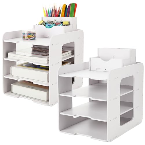 CYEER 2 Stück Schreibtisch Organizer A4 Ablagefächer Stapelbar 4-Tier Papierablage Büro, Weiß Ablage Schreibtisch Ablagekorb mit Mini Schreibtisch Organizer für Büro Arbeitszimmer Schule Office von CYEER