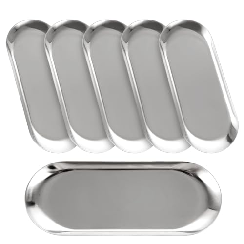 CYEER 6 Stück Ablageschale Edelstahl Deko Tablett, 23x9cm Deko Tablett Oval, Silber Ablageschale, Schmuck Tablett, Serviertablett Servierteller für Desserts, süßigkeiten, Obst, getränke, dekotablett von CYEER