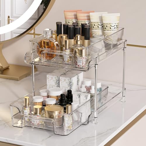 CYEER Transparent Zweischichtiges Unterschrank Organizer, Durchsichtig Küchenschrank Organizer, Küchenschrank Organizer Ausziehbar, Kosmetik 2 Etagen Unterschrank für Schlafzimmer, Bäder und Küchen von CYEER