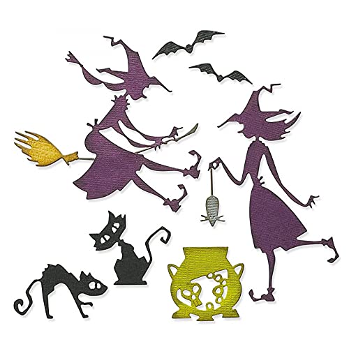 Hexe mit Besen,Fledermaus,Katzen,Halloween,für Kartenherstellung, Geisterflaschen,Halloween,Metallstanzformen für DIY Scrapbooking,Papierbasteln, handgemachtes Basteln,Scrapbooking Albumdekoration von CYFUN DESIGN