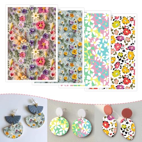 Transferpapier für Polymerton, 4 Designs, buntes Blumenmuster, Ton, Transferbögen, Blüten, wasserlöslich, Polymer-Ton, Transferblätter für DIY-Schmuckherstellung, Ohrringe, 14 x 8 cm, 20 Stück Transferpapier für Polymerton, 4 Designs, buntes Blumenmuster, Ton, Transferbögen, Blüten, wasserlöslich, Polymer-Ton, Transferblätter für DIY-Schmuckherstellung, Ohrringe, 14 x 8 cm, 20 Stück von CYFUN DESIGN
