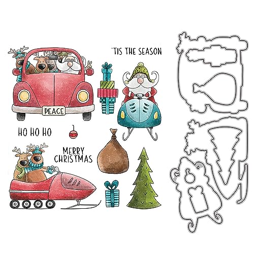 Weihnachtsschablonen und Stempelsets für Kartenherstellung DIY Scrapbooking Auto Weihnachtsbäume Metall Stanzschablonen mit transparenter Silikondichtung Stamping Stempel für Papier Basteln Frohe von CYFUN DESIGN