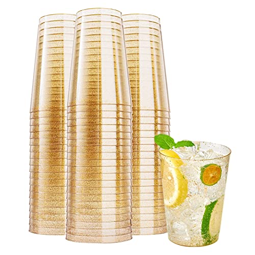 CYH 50 Stück Mehrweg Plastikbecher mit Goldglitter, 300ml Transparent Partybecher Wiederverwendbare Runde Trinkbecher Elegante Party Weingläser für Party Hochzeit Geburtstag Camping Picknick (Gold) von CYH