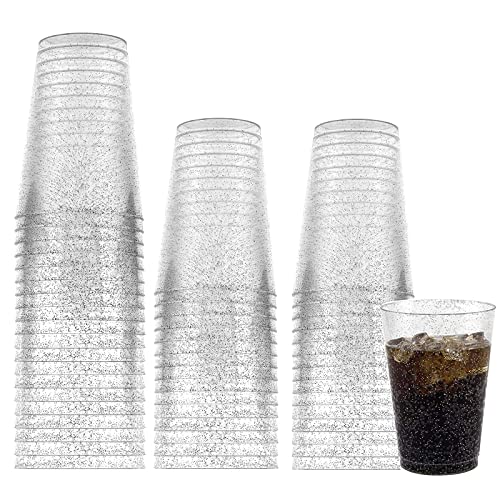 CYH 50 Stück Mehrweg Plastikbecher mit Silberglitter, 300ml Transparent Partybecher Wiederverwendbare Runde Trinkbecher Elegante Party Weingläser für Party Hochzeit Geburtstag Picknick (Silber) von CYH