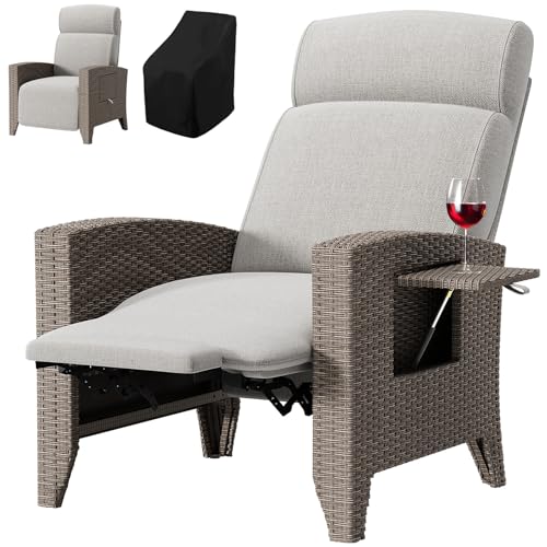 CYHWQ Gartensessel Rattan, Loungesessel Outdoor, Winkel Verstellbar 160°, Integrierter Beistelltisch, Rattansessel mit Abnehmbaren Kissen, Geeignet füR Garten, Pool, Balkon (Braun + Beige, 1pack) von CYHWQ