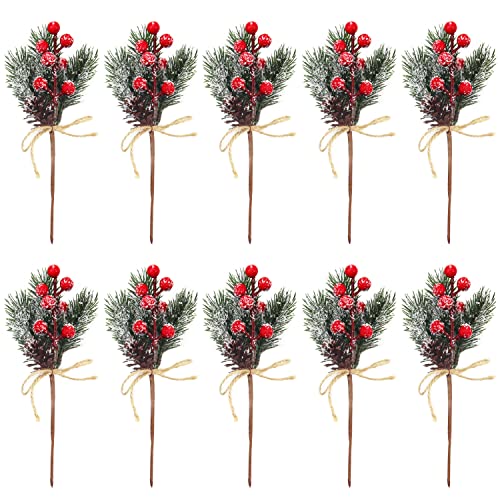 CYIOU 10 Stück Künstliche Kiefer Gepflückte Weihnachtsbeeren Rote Stechpalmenbeeren Tannenzapfen 23 x 11cm Künstliche Tannenzweige für DIY Craft Grußkarten Weihnachtsdeko Tischdeko Blumen von CYIOU