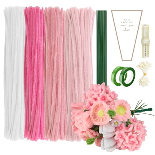 CYIOU Pfeifenreiniger Set 400 Stück Pfeifenputzer zum Basteln Rosa Weiß Pfeifenreiniger Blumen Pfeifenputzer DIY mit 2 Pcs Floristenband 30 Pcs Blumendraht zum Basteln 100 Pcs Blütenstempel(Rosa/Weiß) von CYIOU