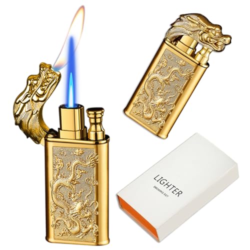 CYJBAO Relief Dragon Feuerzeug mit doppelter Flamme, winddicht, verstellbare Jetflamme und weiche Flamme, nachfüllbares Butan-Feuerzeug für Kerze, Grill, Küche, Camping (ohne Butan), Gold von CYJBAO