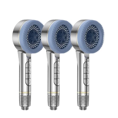 CYJOREYT Kompatibel mit 4 Modi, selbstreinigendem Duschkopf mit Silikonbürste, One-Key-Stop-Wassermassage, Hochdruck-ABS-Duschkopf mit Filter(Silver 3pcs) von CYJOREYT