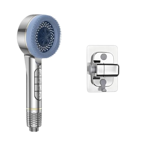 CYJOREYT Kompatibel mit 4 Modi, selbstreinigendem Duschkopf mit Silikonbürste, One-Key-Stop-Wassermassage, Hochdruck-ABS-Duschkopf mit Filter(Silver Base Set) von CYJOREYT