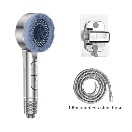 CYJOREYT Kompatibel mit 4 Modi, selbstreinigendem Duschkopf mit Silikonbürste, One-Key-Stop-Wassermassage, Hochdruck-ABS-Duschkopf mit Filter(Silver Set) von CYJOREYT