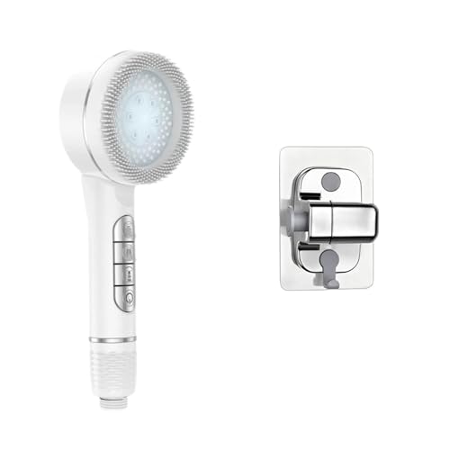 CYJOREYT Kompatibel mit 4 Modi, selbstreinigendem Duschkopf mit Silikonbürste, One-Key-Stop-Wassermassage, Hochdruck-ABS-Duschkopf mit Filter(White Base Set) von CYJOREYT