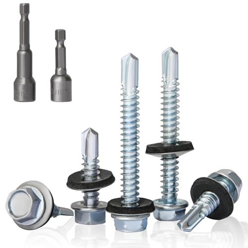 50 Stück Trapetzblechschrauben mit Dichtung, Schrauben für Dachblech 6,3 x 25mm&6,3 x 50mm Sechskant Spenglerschrauben, Bohrschrauben mit Dichtscheibe, 2 Stk Sechskant Bit Steckschlusselsatz M10 von CYLBAQ