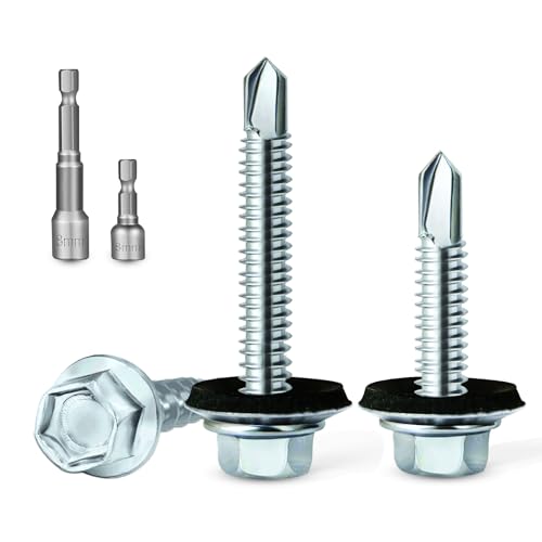 50 Stück Trapezblechschrauben 4,8x35, Selbstschneidende schrauben Bohrschrauben Sechskantkopf 5,5 x 25 mm, 2 Stk Sechskant Bit Steckschlusselsatz Selbstschneidene Schrauben mit Unterlegscheiben von CYLBAQ