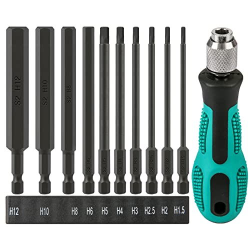 CYLBAQ 11 teilig 100mm Lang Hex Bit Set, S2 Schlagschrauber Bitsatz mit Schraubendreher 1,5/2/2,5/3/4/5/6/8/10/12mm, 1/4" Sechskantschaft Allen Key Magnetische Hexagon Innensechskant Schraubendreher von CYLBAQ