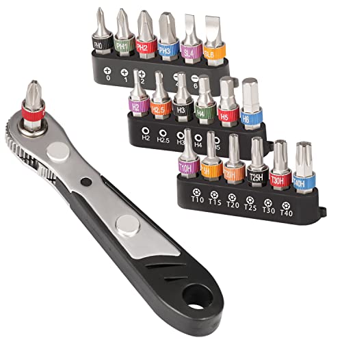 CYLBAQ Ratschenschlüssel Magnetisch Torx Bit Set, 110mm 1/4 Zoll Ratschen Wendeschrauber, 19 Stück Mini Knarre für Bits, Mini Ratschen Schraubenschlüssel für Gadgets, Autos, Häuser, Maschinen von CYLBAQ