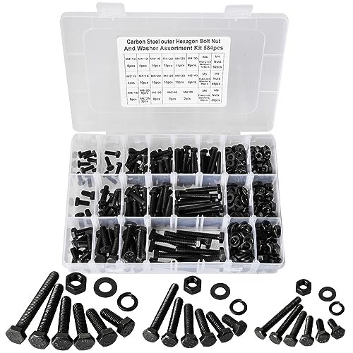 CYLBAQ 584 Stück M4 M5 M6 Sechskantschrauben, 10mm-50mm Kohlenstoffstahl bolzen mutter set mit Muttern Unterlegscheiben Vollgewindeschrauben Maschinenschrauben Gewindeschrauben zur Reparatur von CYLBAQ