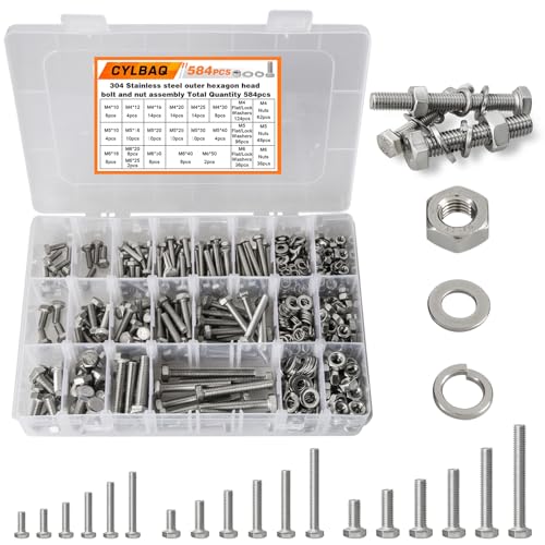 CYLBAQ 584 Stück M4 M5 M6 Sechskantschrauben, 10mm-50mm Edelstahl Schrauben Set mit Muttern Unterlegscheiben Vollgewindeschrauben Maschinenschrauben Gewindeschrauben zur Reparatur von CYLBAQ