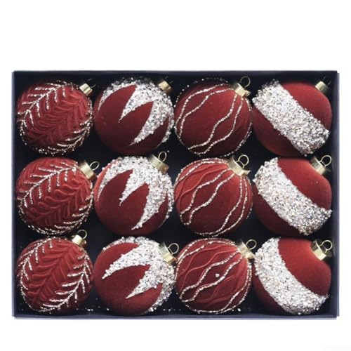 CYRENT 12 Stück beflockte Weihnachtskugeln 8 cm Durchmesser mit Glitzer-Finish für festliche Bäume und Feiertage (Kaffee) von CYRENT