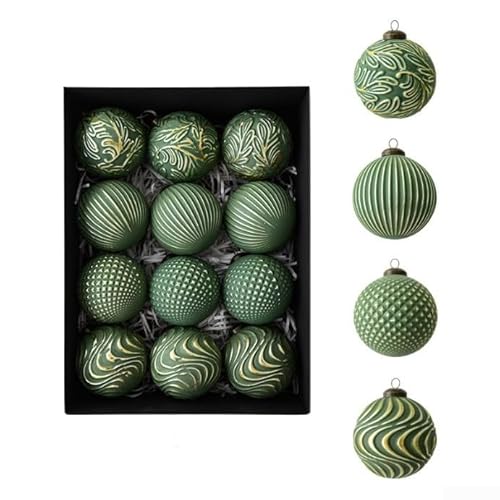 CYRENT 12-teiliges Weihnachtskugel-Set im antiken Vintage-Stil und Retro-Design mit leichtem Kunststoff zum Aufhängen an Bäumen (grün) von CYRENT