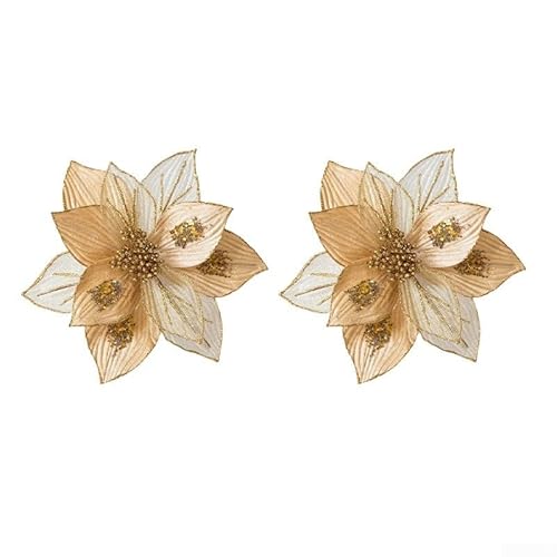 CYRENT 2 Stück 24 cm Weihnachtsdekoration Ornamente – Glitzer künstliche Weihnachtsstern Blumen für Weihnachtsbaumzubehör & Heimdekoration (Goldfarbe) von CYRENT