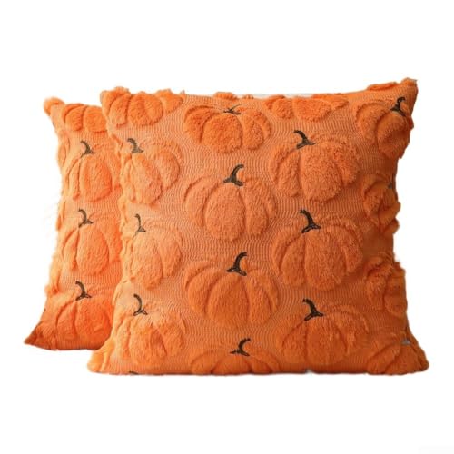 CYRENT 2 Stück gemütliche Herbst-Kürbis-Kissenbezüge, Kunstfell-Plüsch, Herbst, Erntedankfest, Bauernhaus-Dekoration (45,7 x 45,7 cm) (45,7 x 45,7 cm (orange) von CYRENT