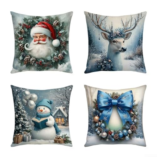 CYRENT 4-teiliges Weihnachts-Kissenbezug-Set, 45,7 x 45,7 cm, Baumwoll-Leinen, dekorative Kissenbezüge mit Schneemann, Rentier und Baum, versteckter Reißverschluss für Sofa, Bett, Urlaubsdekoration von CYRENT