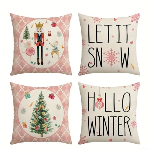 CYRENT 4 x Weihnachts-Kissenbezüge mit rosa Weihnachtsbaum-Cartoon-Design für saisonale Heimdekoration, geeignet für Kissen in Standardgröße mit Reißverschlüssen CYRENT 4 x Weihnachts-Kissenbezüge mit rosa Weihnachtsbaum-Cartoon-Design für saisonale Heimdekoration, geeignet für Kissen in Standardgröße mit Reißverschlüssen von CYRENT