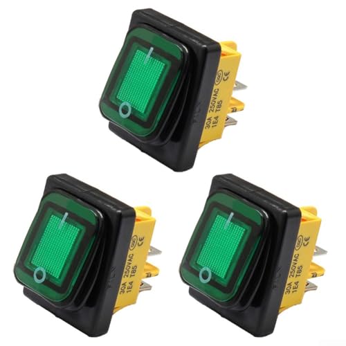 CYRENT 4P 30A wasserdichter Kippschalter Kippschalter für Boote Autos Wohnmobile Marine PA66 Material Silber Kontakt 220V 20x33mm Einbaugröße 3 Pack (grün) von CYRENT