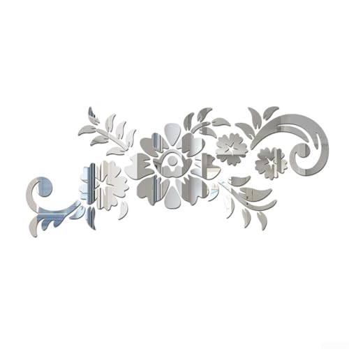 CYRENT Abnehmbare Acryl-Spiegel-Blume DIY Kunst Wandaufkleber Wandbild Aufkleber Home Room Dekoration 50 x 21,5 cm (Silber) von CYRENT