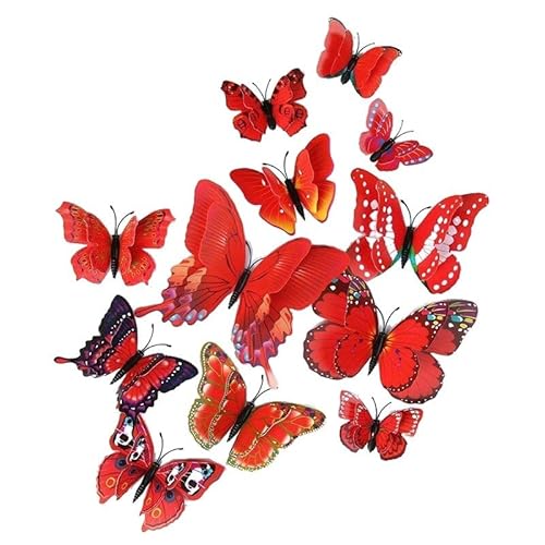 CYRENT Bunte 3D-Schmetterlings-Wandaufkleber, abnehmbar, wasserdicht, PVC, DIY-Kunstaufkleber, doppellagige Dekoration für Party, Büro, Schlafzimmer, Kinderzimmer (rot) von CYRENT