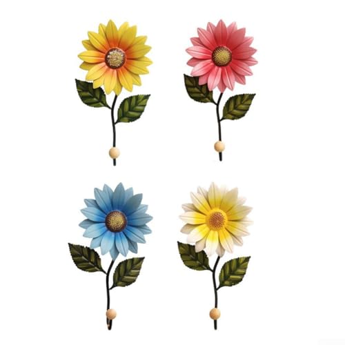 CYRENT Dekorative Wandhaken, Metall, Blume, Set mit 4 bunten Gänseblümchen, Sonnenblumen, für Zuhause, Schlüssel, Aufbewahrung, Organisation, Wandhalterung, Haken zum Aufhängen von CYRENT