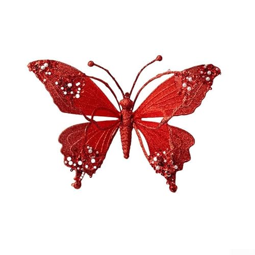 CYRENT Glitzer-Weihnachts-Schmetterlings-Ornamente, leicht, zum Anklippen, hohle Dekoration für Baum, saisonaler Tisch, DIY-Kranz (25 x 15 cm) (rot), 15 Stück von CYRENT