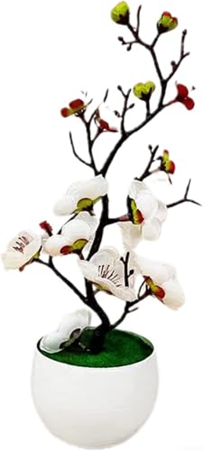CYRENT Künstliche Pflaumenblüte Bonsai gefälschte Pflaumenblüte im Topf Faux Topf Faux für Home Office Hochzeit Garten Dekor (weiß) von CYRENT