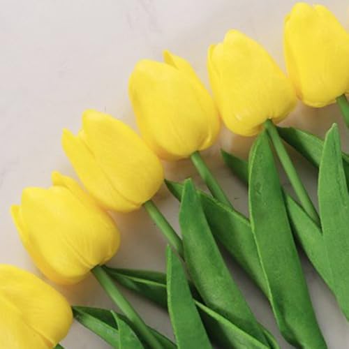 CYRENT Künstlicher Tulpenstrauß, fühlt sich echt an, für Hochzeit, Heimdekoration, mit lebendigen Farben (hellgelb) von CYRENT