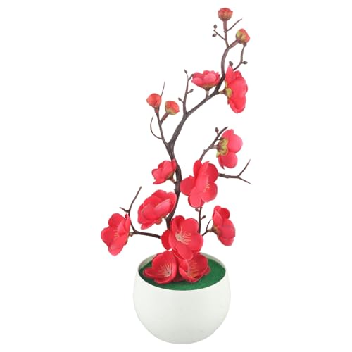 CYRENT Lebensechte künstliche Pflaumenblüten-Bonsai, 30 x 11 cm, künstliche Topfseide, Simulationspflanze für Zuhause, Büro, Innen- und Außenbereich, Dekoration (Rosarot) von CYRENT