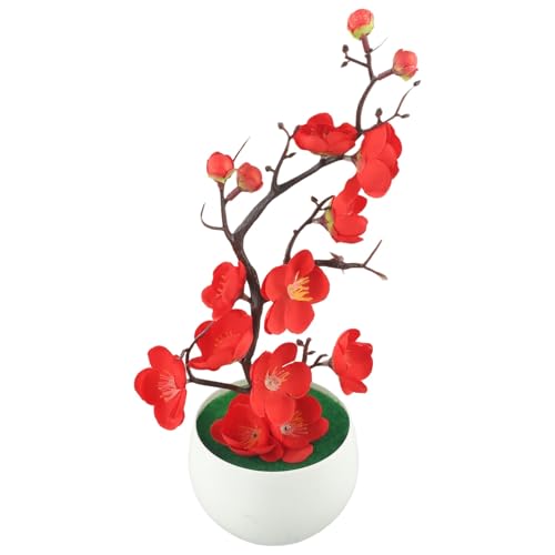 CYRENT Lebensechte künstliche Pflaumenblüten-Bonsai, 30 x 11 cm, künstliche Topfseide, Simulationspflanze für Zuhause, Büro, Innen- und Außenbereich, Dekoration (rot) von CYRENT