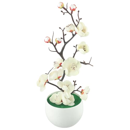 CYRENT Lebensechte künstliche Pflaumenblüten-Bonsai, 30 x 11 cm, künstliche Topfseide, Simulationspflanze für Zuhause, Büro, Innen- und Außenbereich, Dekoration (weiß) von CYRENT
