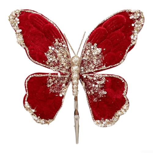 CYRENT Weihnachts-Schmetterlings-Ornament – mehrfarbige Glitzer-Pailletten, Flanell-Schmetterling-Dekoration zum Aufhängen an Baum, Wand, Tisch, Urlaubsdekoration (rot) von CYRENT