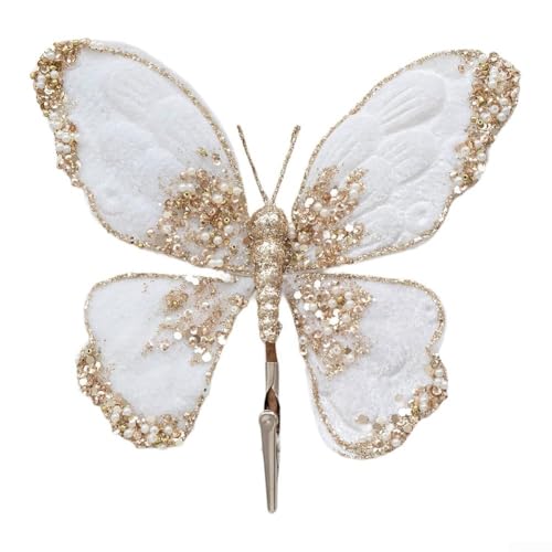CYRENT Weihnachts-Schmetterlings-Ornament – mehrfarbige Glitzer-Pailletten, Flanell-Schmetterling-Dekoration zum Aufhängen an Baum, Wand, Tisch, Urlaubsdekoration (weiß) von CYRENT