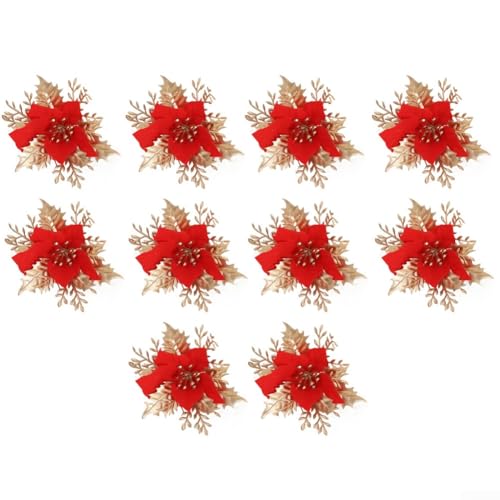 CYRENT Weihnachtsstern-Blumen, Geißblatt, künstliche Weihnachtssterne, Glitzer, Weihnachtsbaumschmuck für Baumkranz-Dekorationen (Gold und Rot) von CYRENT