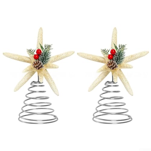 Christbaumschmuck Top 2er Set mit Tannenzapfen und Seestern Metallmotiven ausgestattet mit Federfuß für Stall und Feiertagsbaumaufsteller von CYRENT